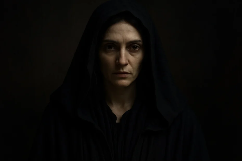 Retrato simbólico de una mujer con capa negra, representando el arquetipo de la madre oscura y su energía transformadora.