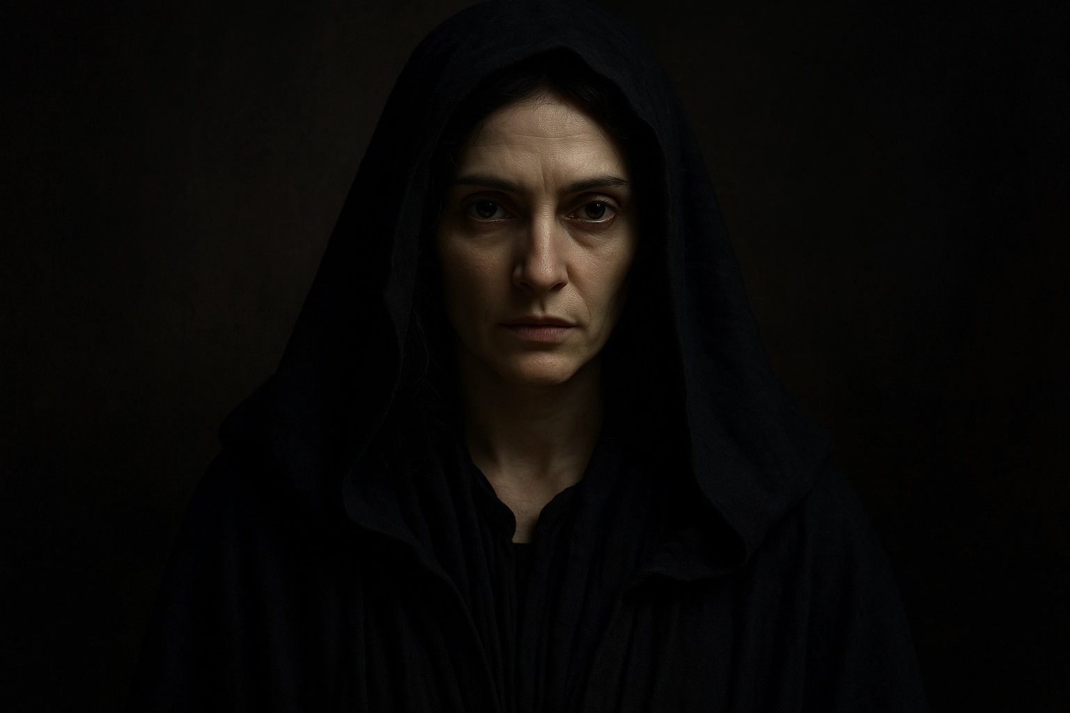 Retrato simbólico de una mujer con capa negra, representando el arquetipo de la madre oscura y su energía transformadora.
