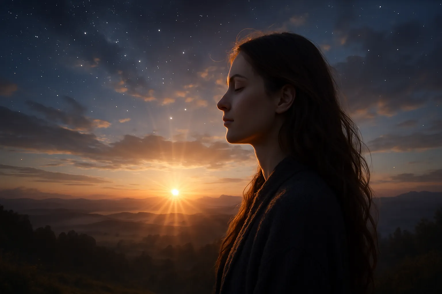 Mujer al amanecer contemplando el horizonte en silencio, simbolizando el inicio del Retorno Solar y el renacimiento del nuevo año astrológico.
