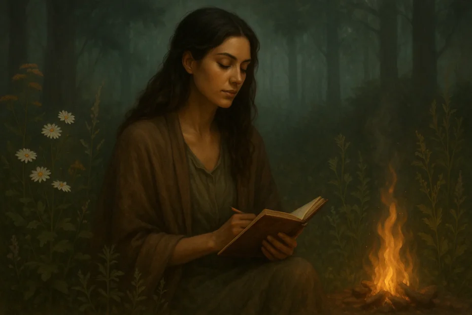 Mujer escribiendo en un diario frente al fuego en medio de un bosque, simbolizando el despertar de la sanadora interna en conexión con la naturaleza.