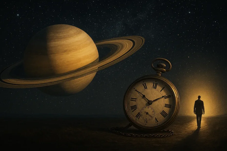 Representación simbólica del tránsito de Saturno como guía interior: Saturno, un reloj antiguo y una figura caminando hacia la luz del horizonte.