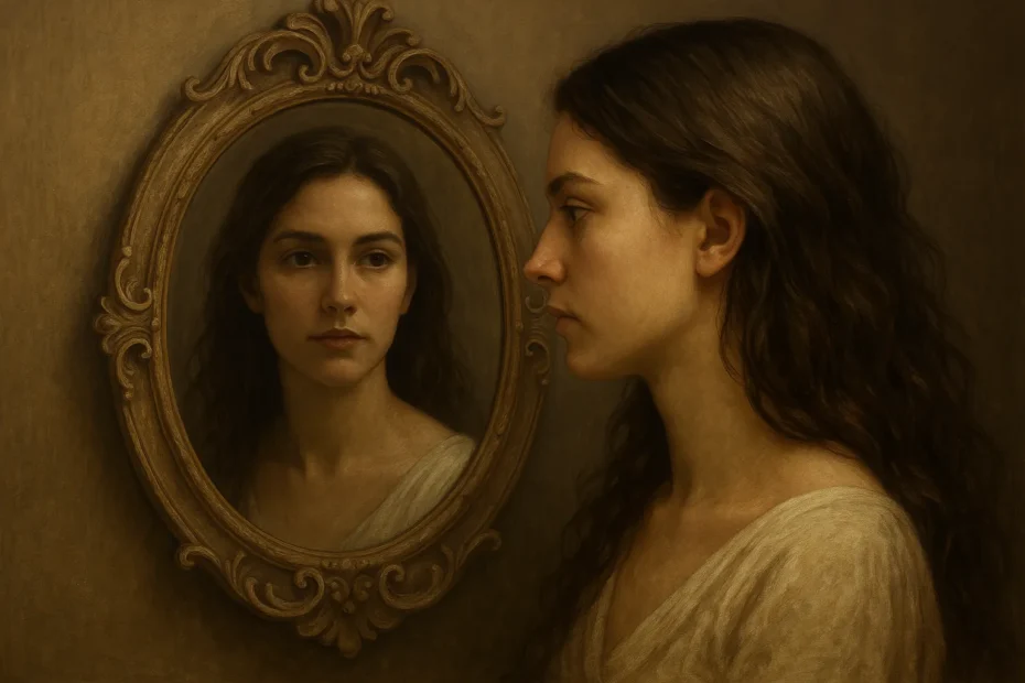 Mujer contemplando su reflejo en un espejo antiguo, representando la introspección de Venus Retrógrado y el viaje hacia el amor propio.