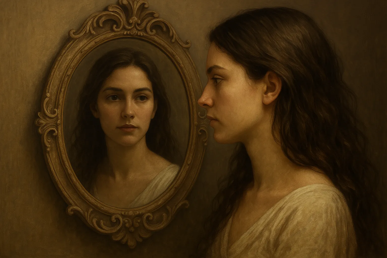 Mujer contemplando su reflejo en un espejo antiguo, representando la introspección de Venus Retrógrado y el viaje hacia el amor propio.
