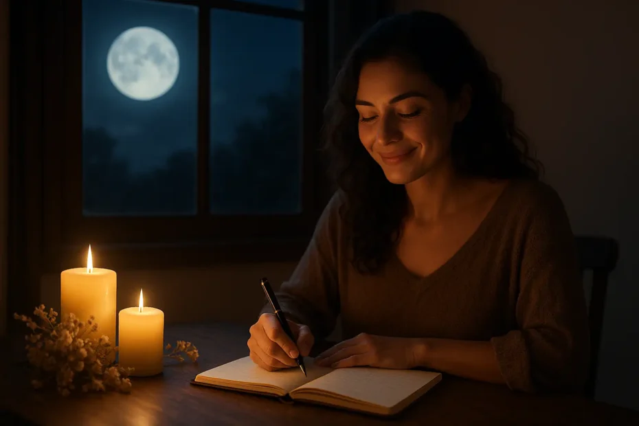 Mujer escribiendo a la luz de la luna llena y velas, en una escena simbólica que representa la conexión con los arquetipos lunares y el ciclo emocional.