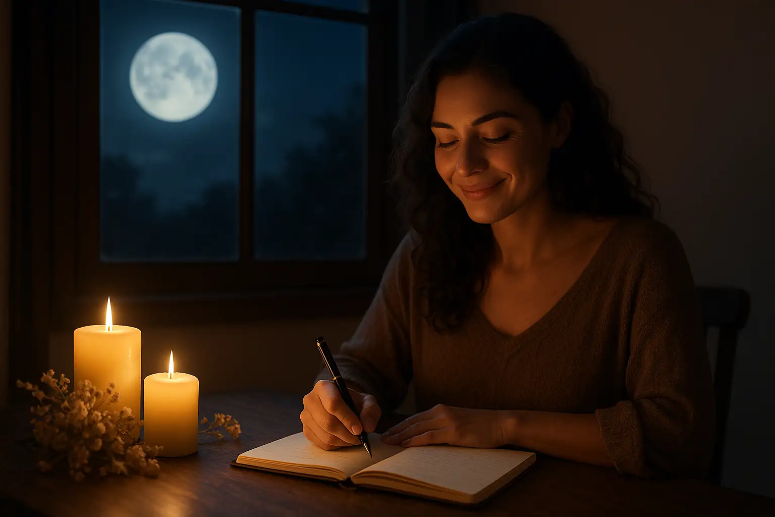 Mujer escribiendo a la luz de la luna llena y velas, en una escena simbólica que representa la conexión con los arquetipos lunares y el ciclo emocional.