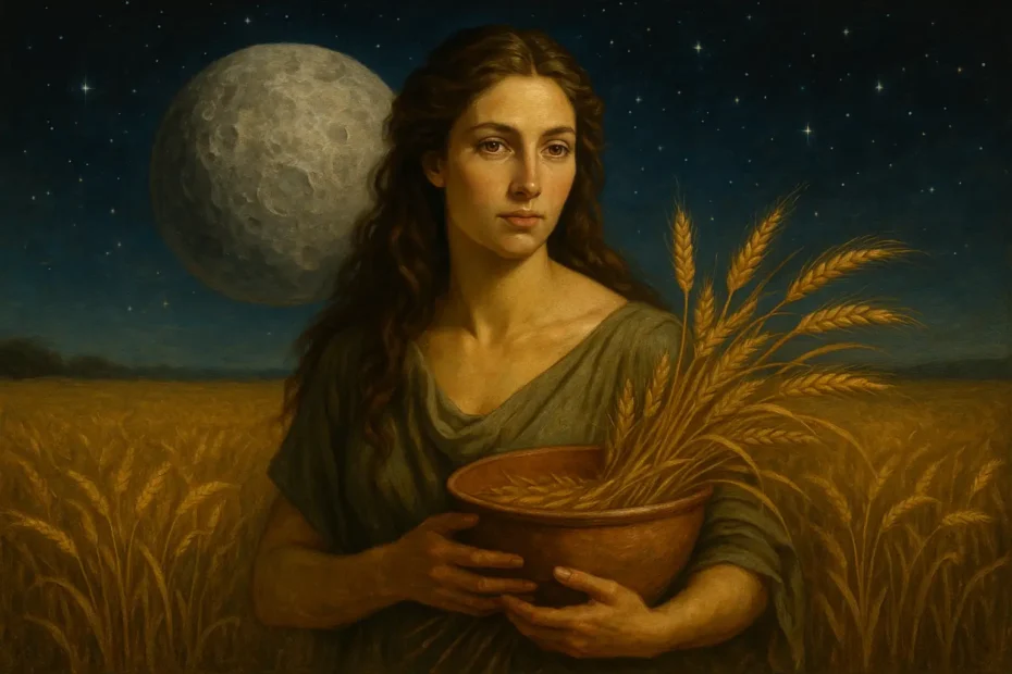 Mujer simbólica representando a Ceres en astrología femenina, en un campo de trigo bajo un cielo estrellado, con el planeta Ceres al fondo.