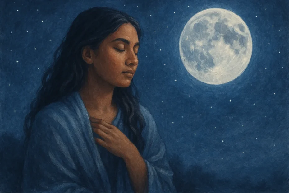 Ilustración de una mujer hispánica con expresión serena observando la luna llena, simbolizando la conexión emocional con la revolución lunar.